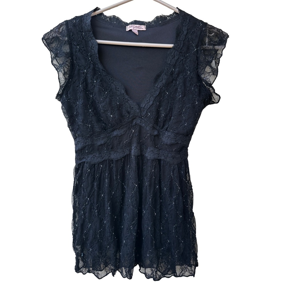 Six Degrees of Separation Vtg Y2K Black Lace Metallic Shimmer Babydoll Top Small